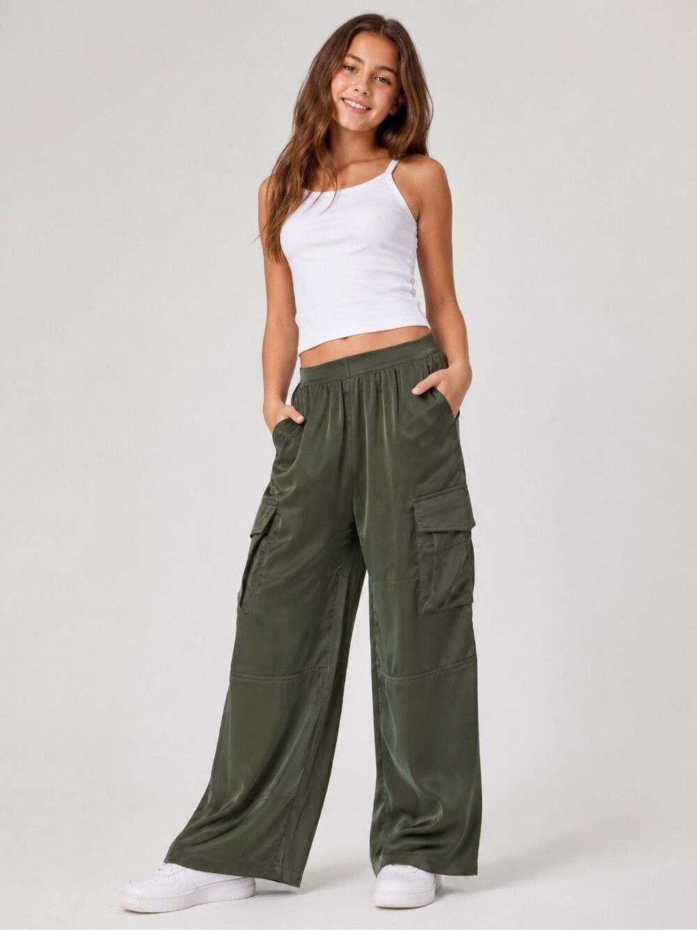 Welaken Girls Olive Green Cargo Pants Wide Leg Utility 14Y NWT